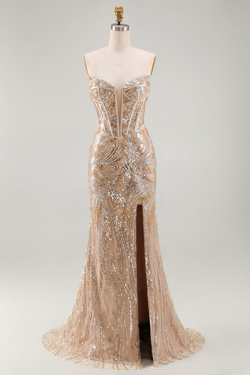 Load image into Gallery viewer, Sparkly Champagne Strapless Mermaid Corset Long Beaded Evening Dress with Cape