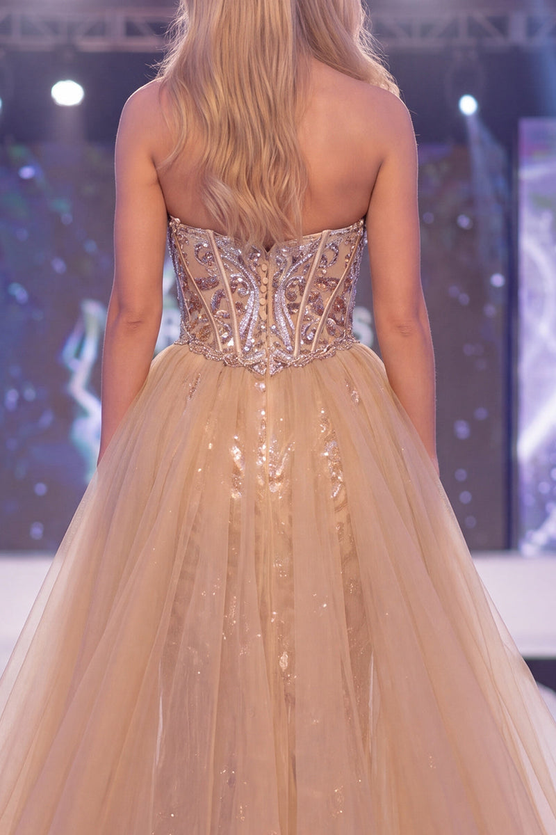 Load image into Gallery viewer, Sparkly Champagne Strapless Mermaid Corset Long Beaded Evening Dress with Cape