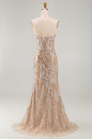 Load image into Gallery viewer, Sparkly Champagne Strapless Mermaid Corset Long Beaded Evening Dress with Cape