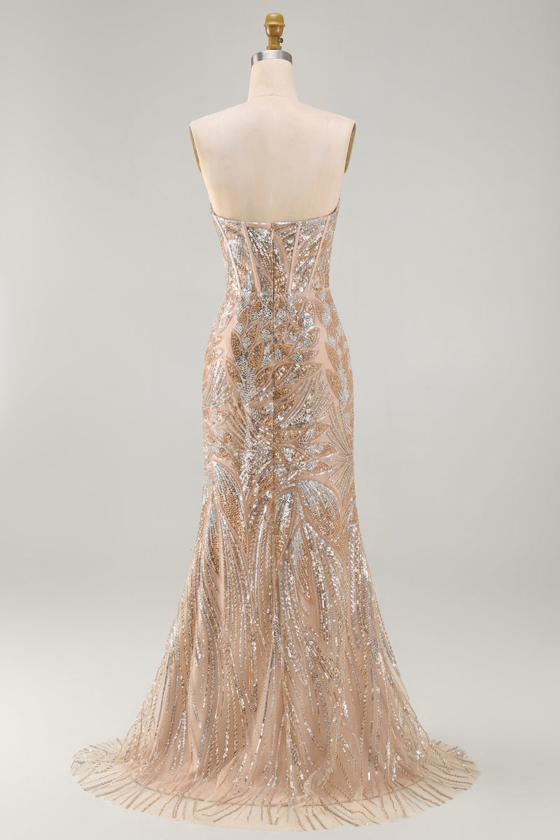 Load image into Gallery viewer, Sparkly Champagne Strapless Mermaid Corset Long Beaded Evening Dress with Cape
