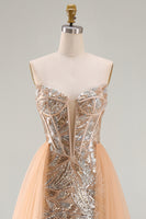 Load image into Gallery viewer, Sparkly Champagne Strapless Mermaid Corset Long Beaded Evening Dress with Cape