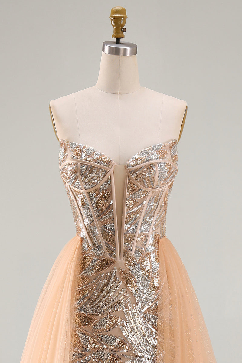 Load image into Gallery viewer, Sparkly Champagne Strapless Mermaid Corset Long Beaded Evening Dress with Cape