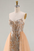 Load image into Gallery viewer, Sparkly Champagne Strapless Mermaid Corset Long Beaded Evening Dress with Cape