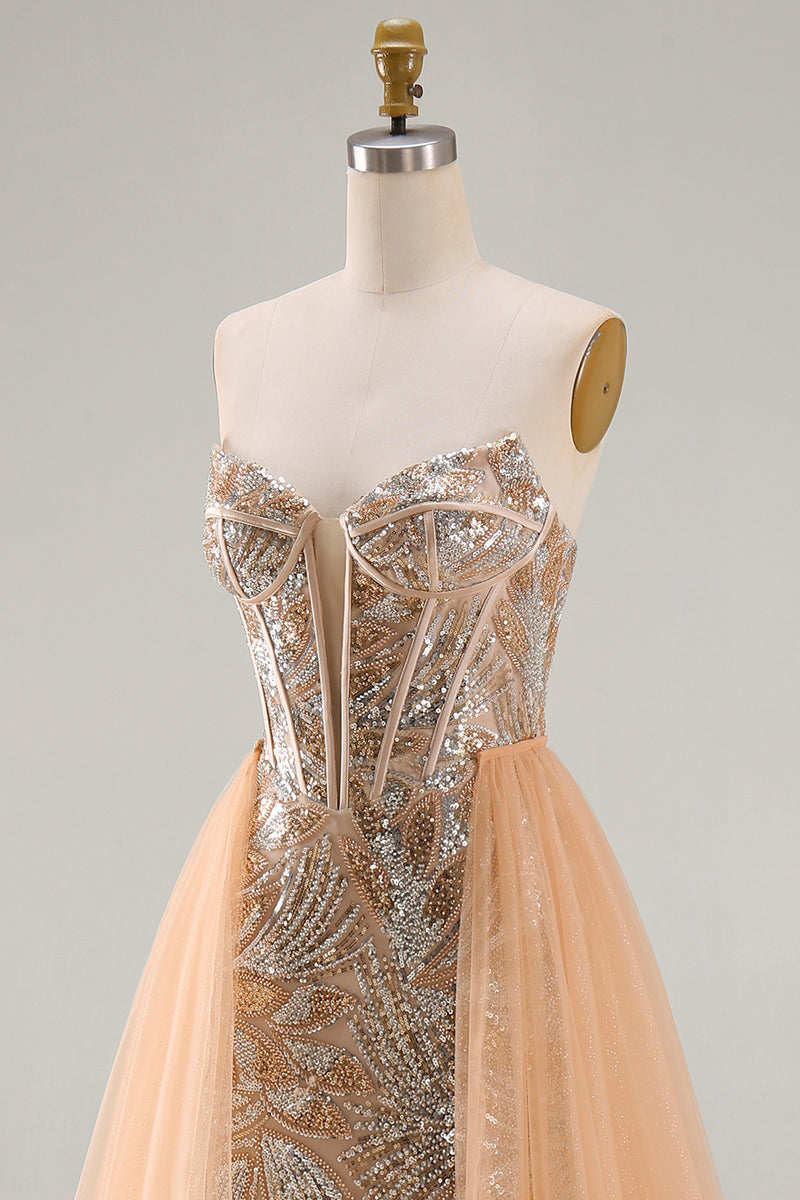 Load image into Gallery viewer, Sparkly Champagne Strapless Mermaid Corset Long Beaded Evening Dress with Cape
