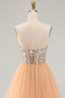 Load image into Gallery viewer, Sparkly Champagne Strapless Mermaid Corset Long Beaded Evening Dress with Cape