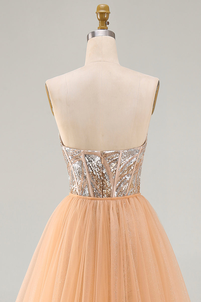Load image into Gallery viewer, Sparkly Champagne Strapless Mermaid Corset Long Beaded Evening Dress with Cape