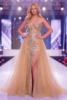 Load image into Gallery viewer, Sparkly Champagne Strapless Mermaid Corset Long Beaded Evening Dress with Cape