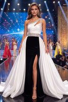 Load image into Gallery viewer, Black and White Mermaid Cut Out Long Beaded Evening Dress with Cape