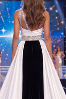 Load image into Gallery viewer, Black and White Mermaid Cut Out Long Beaded Evening Dress with Cape