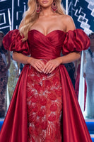 Load image into Gallery viewer, Sparkly Burgundy Mermaid Ruched Long Beaded Evening Dress with Cape