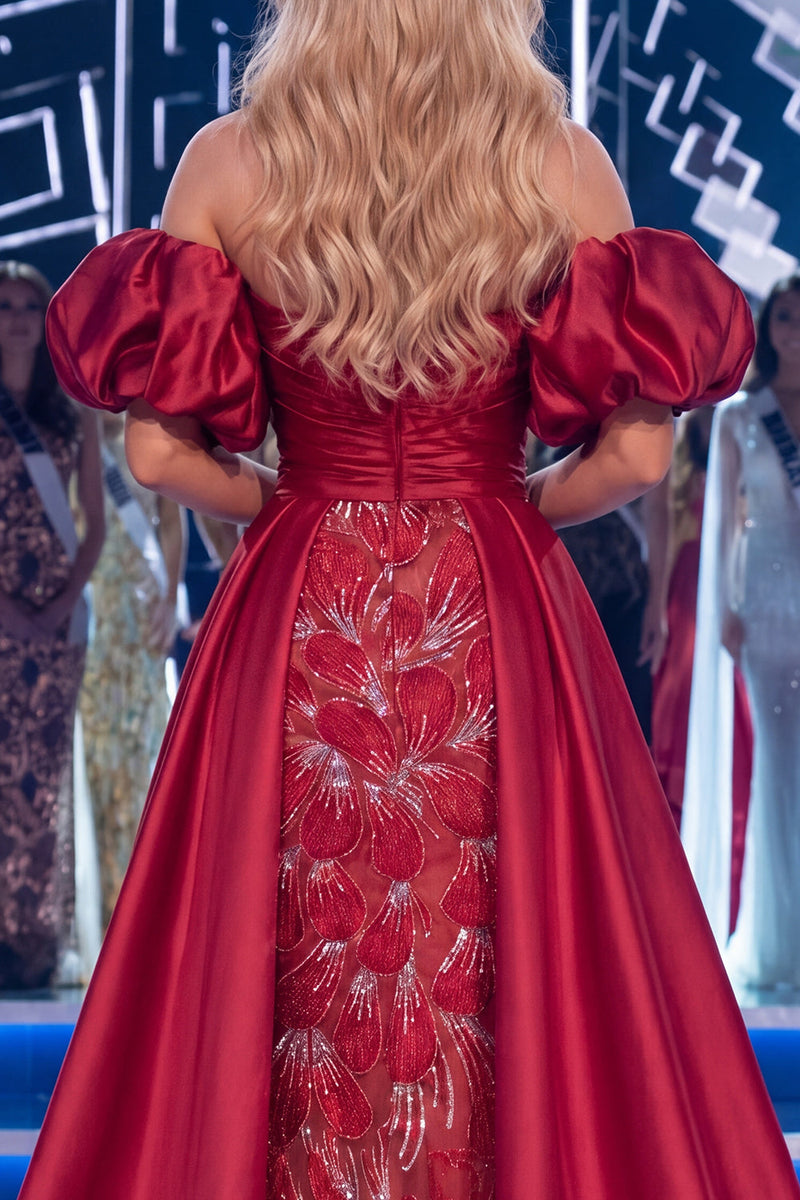 Load image into Gallery viewer, Sparkly Burgundy Mermaid Ruched Long Beaded Evening Dress with Cape