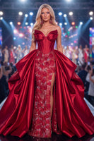 Load image into Gallery viewer, Sparkly Long Beaded Ruffled Corset Burgundy Mermaid Evening Dress with Slit