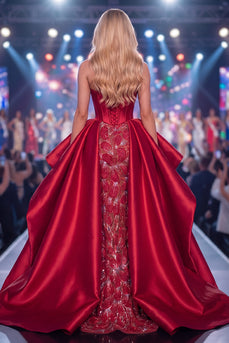 Sparkly Long Beaded Ruffled Corset Burgundy Mermaid Evening Dress with Slit