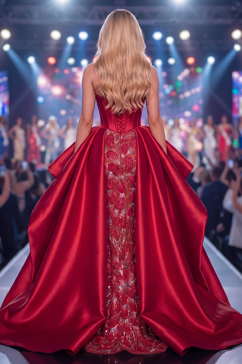 Load image into Gallery viewer, Sparkly Long Beaded Ruffled Corset Burgundy Mermaid Evening Dress with Slit