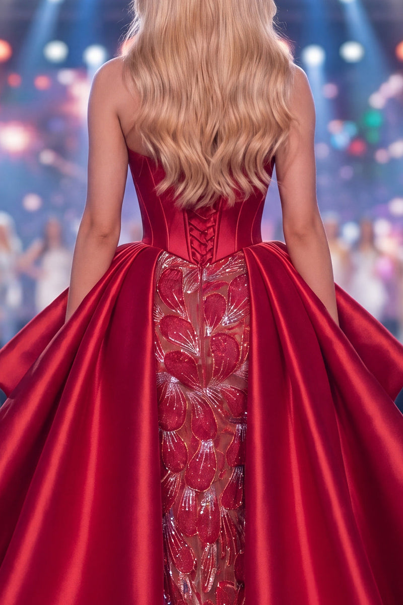 Load image into Gallery viewer, Sparkly Long Beaded Ruffled Corset Burgundy Mermaid Evening Dress with Slit