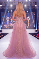 Load image into Gallery viewer, Sparkly Blush Strapless Mermaid Beaded Long Floral Evening Dress with Cape