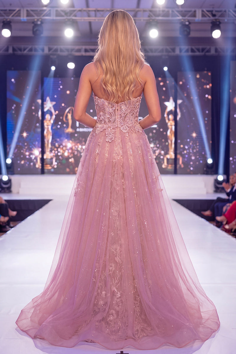 Load image into Gallery viewer, Sparkly Blush Strapless Mermaid Beaded Long Floral Evening Dress with Cape