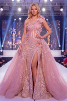 Load image into Gallery viewer, Sparkly Blush Corset Floral Mermaid Long Beaded Evening Dress with Cape