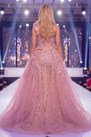 Load image into Gallery viewer, Sparkly Blush Corset Floral Mermaid Long Beaded Evening Dress with Cape