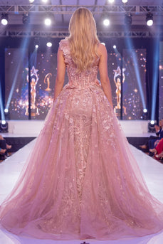 Sparkly Blush Corset Floral Mermaid Long Beaded Evening Dress with Cape