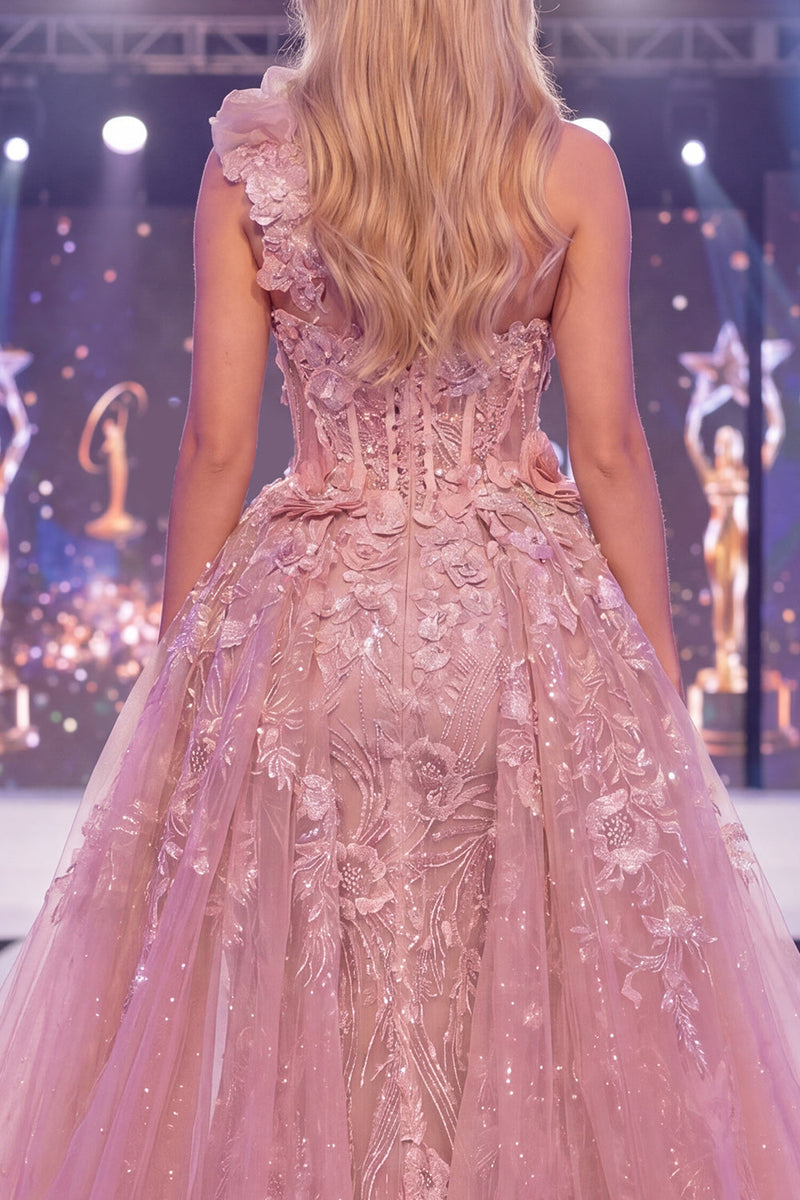 Load image into Gallery viewer, Sparkly Blush Corset Floral Mermaid Long Beaded Evening Dress with Cape