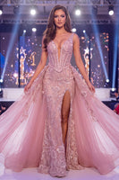 Load image into Gallery viewer, V-Neck Beaded Floral Mermaid Sparkly Blush Corset Long Evening Dress with Cape
