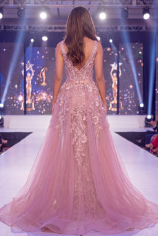 V-Neck Beaded Floral Mermaid Sparkly Blush Corset Long Evening Dress with Cape