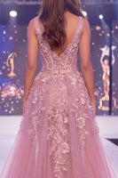 Load image into Gallery viewer, V-Neck Beaded Floral Mermaid Sparkly Blush Corset Long Evening Dress with Cape