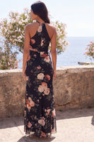 Load image into Gallery viewer, Black Halter Maxi Floral Sheath Beach Wedding Guest Dress with Slit