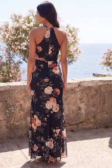 Black Halter Maxi Floral Sheath Beach Wedding Guest Dress with Slit