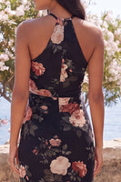 Load image into Gallery viewer, Black Halter Maxi Floral Sheath Beach Wedding Guest Dress with Slit