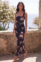 Load image into Gallery viewer, Black Square Neck Sheath Ruched Floral Maxi Beach Wedding Guest Dress