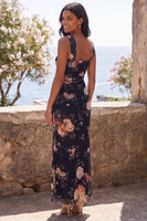 Load image into Gallery viewer, Black Square Neck Sheath Ruched Floral Maxi Beach Wedding Guest Dress