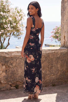 Black Square Neck Sheath Ruched Floral Maxi Beach Wedding Guest Dress
