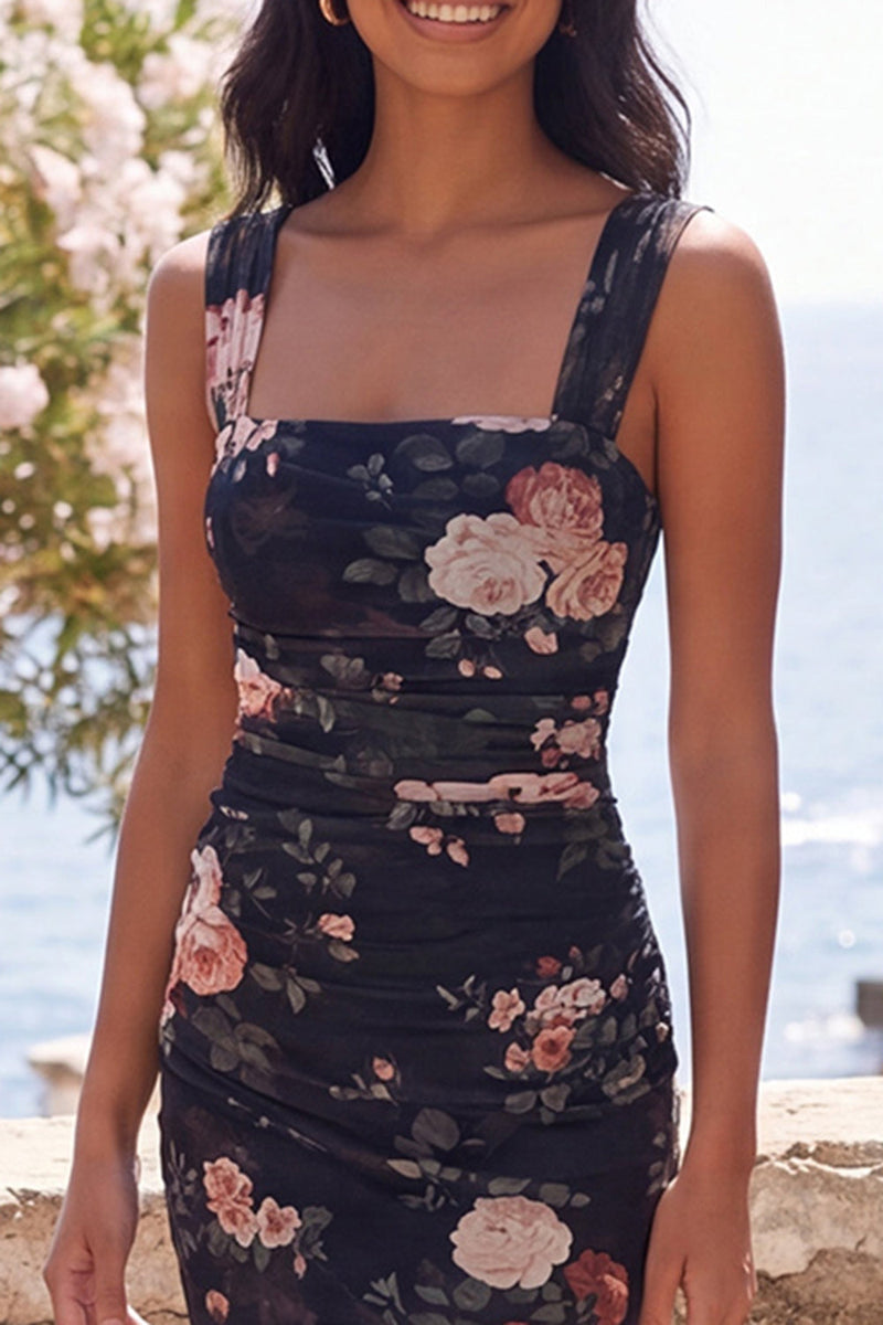 Load image into Gallery viewer, Black Square Neck Sheath Ruched Floral Maxi Beach Wedding Guest Dress