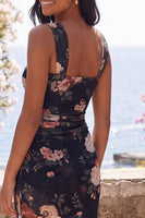 Load image into Gallery viewer, Black Square Neck Sheath Ruched Floral Maxi Beach Wedding Guest Dress
