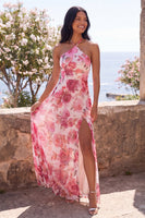 Load image into Gallery viewer, Floral Pink Halter Maxi Beach A Line Wedding Guest Dress with Slit