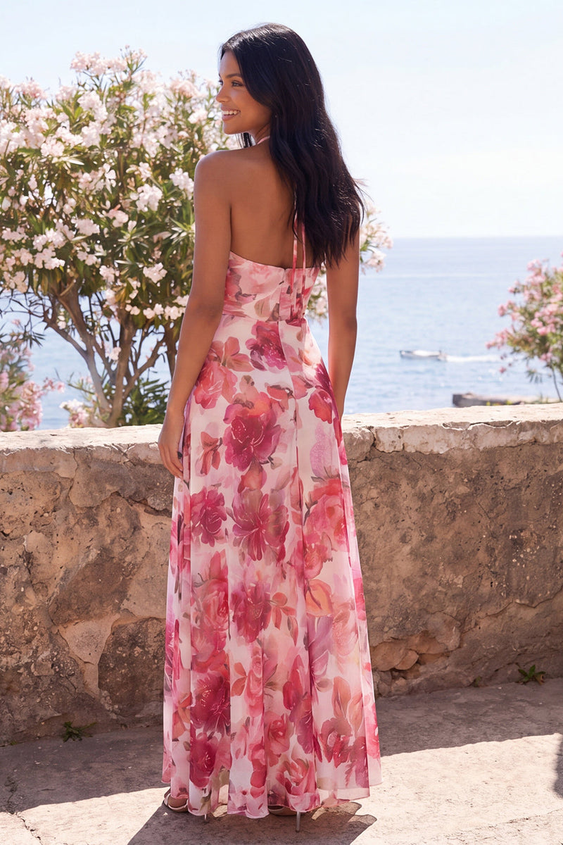 Load image into Gallery viewer, Floral Pink Halter Maxi Beach A Line Wedding Guest Dress with Slit