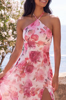 Load image into Gallery viewer, Floral Pink Halter Maxi Beach A Line Wedding Guest Dress with Slit