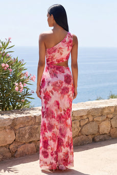 Floral Pink Cut Out Maxi Beach Sheath Wedding Guest Dress with Slit