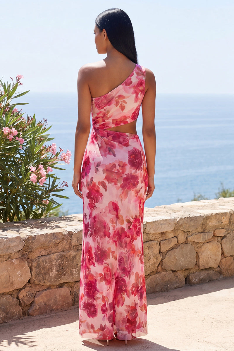 Load image into Gallery viewer, Floral Pink Cut Out Maxi Beach Sheath Wedding Guest Dress with Slit