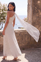 Load image into Gallery viewer, Maxi White and Black Polka Dots A Line One Shoulder Beach Wedding Guest Dress