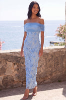 Load image into Gallery viewer, Blue Off the Shoulder Floral Mermaid Maxi Wedding Guest Dress