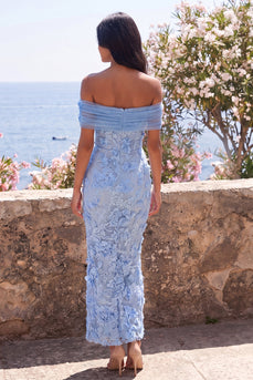 Blue Off the Shoulder Floral Mermaid Maxi Wedding Guest Dress