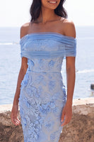 Load image into Gallery viewer, Blue Off the Shoulder Floral Mermaid Maxi Wedding Guest Dress