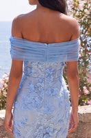 Load image into Gallery viewer, Blue Off the Shoulder Floral Mermaid Maxi Wedding Guest Dress