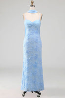 Load image into Gallery viewer, Blue Spaghetti Straps Floral Sheath Maxi Wedding Guest Dress