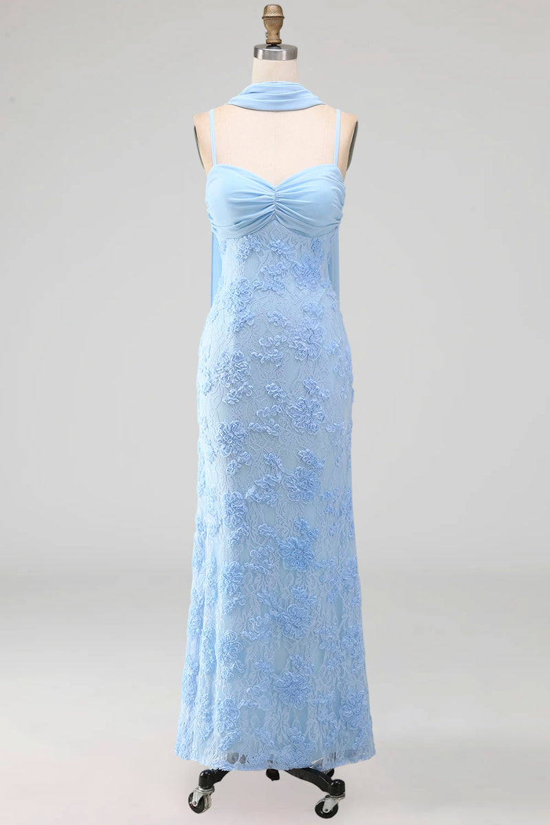 Load image into Gallery viewer, Blue Spaghetti Straps Floral Sheath Maxi Wedding Guest Dress