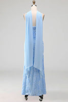 Load image into Gallery viewer, Blue Spaghetti Straps Floral Sheath Maxi Wedding Guest Dress