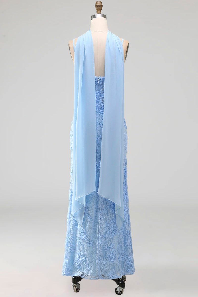 Load image into Gallery viewer, Blue Spaghetti Straps Floral Sheath Maxi Wedding Guest Dress
